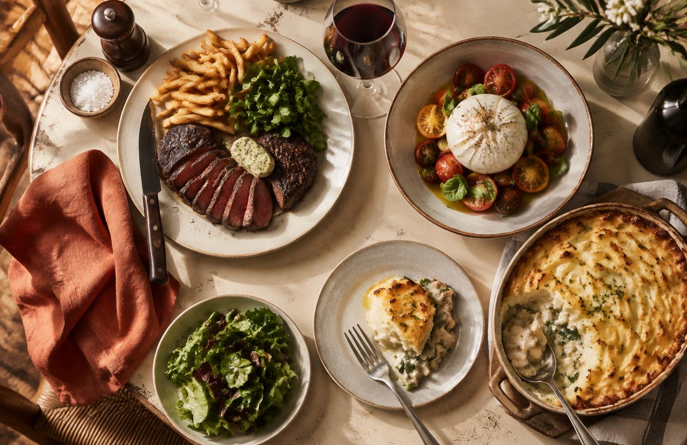 Bistro dishes laid out on a table