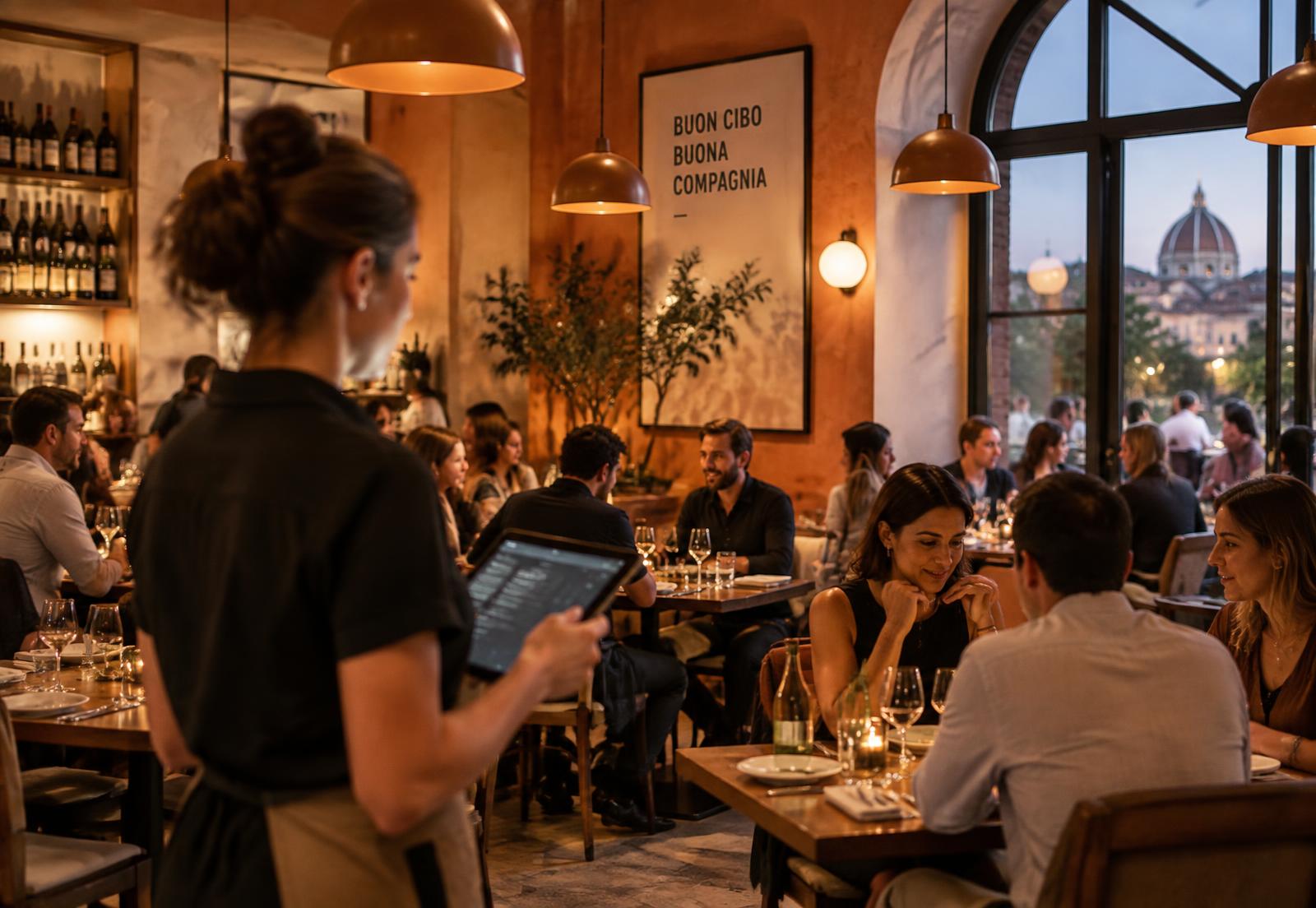 Server taking an order on a handheld in a busy bistro