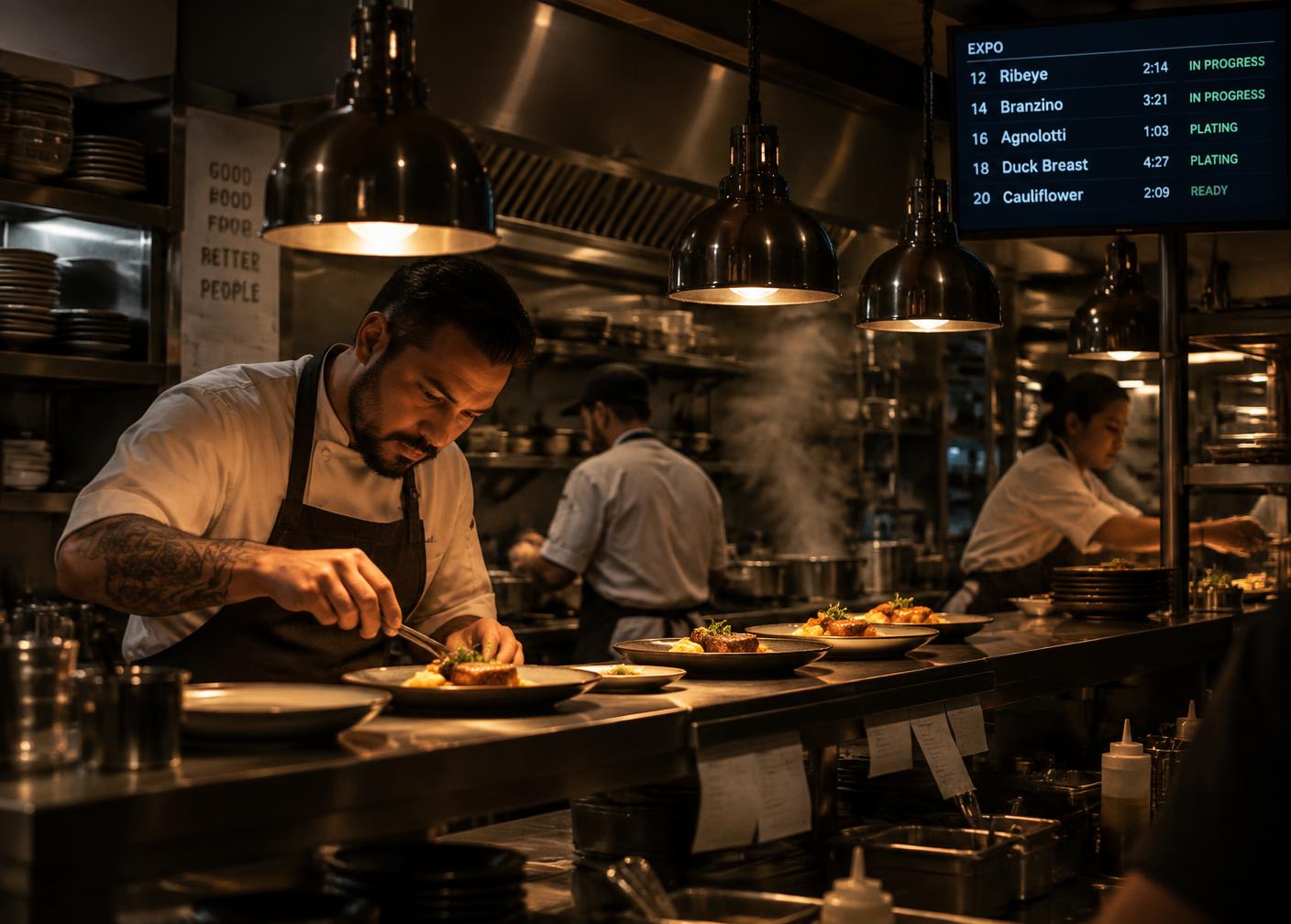 Chefs plating at the pass with a kitchen display screen